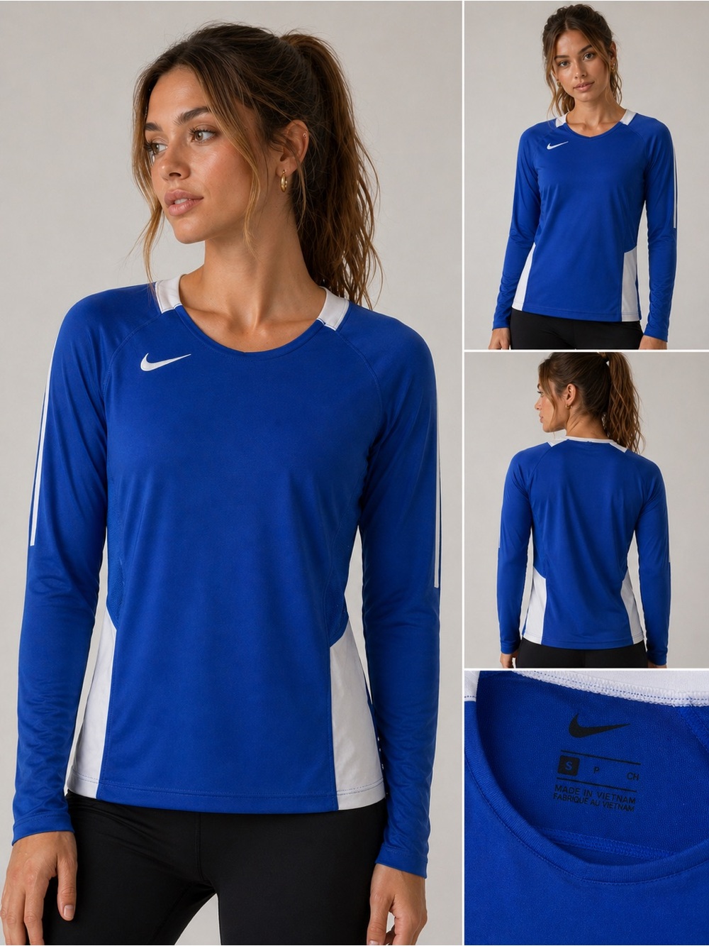 Nike Women's Royal Blue Long-Sleeve Athletic Top with White Accents size S